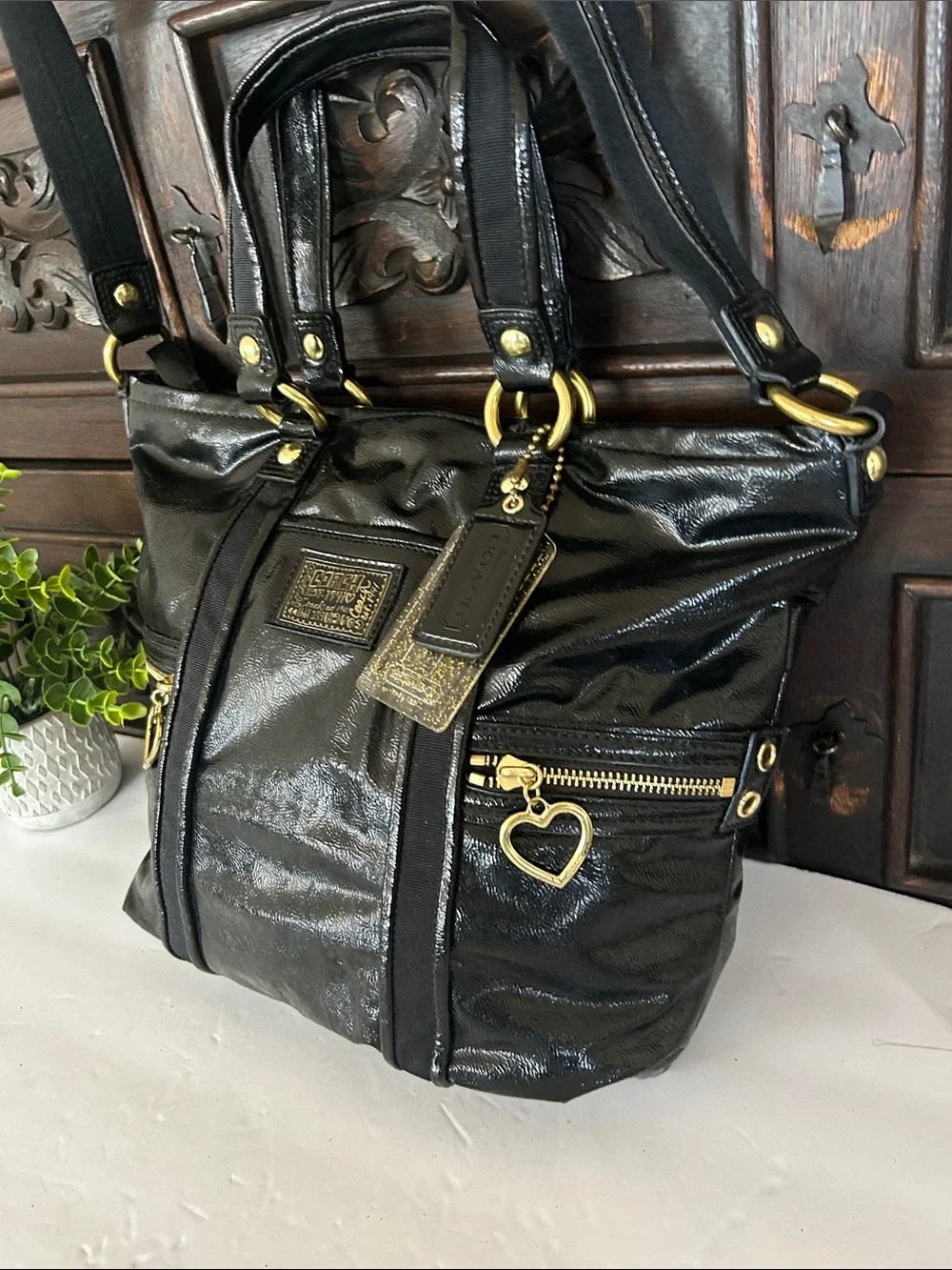 Coach Black Patent Leather Shoulder Tote with Heart Zip Pulls